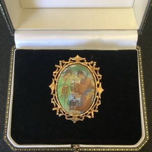 Vintage ART signed Asian temple style hand painted brooch.